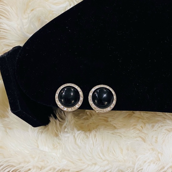 Vintage Jewelry - S8-Vintage Hollywood Regency Black & Rhinestone Earrings
